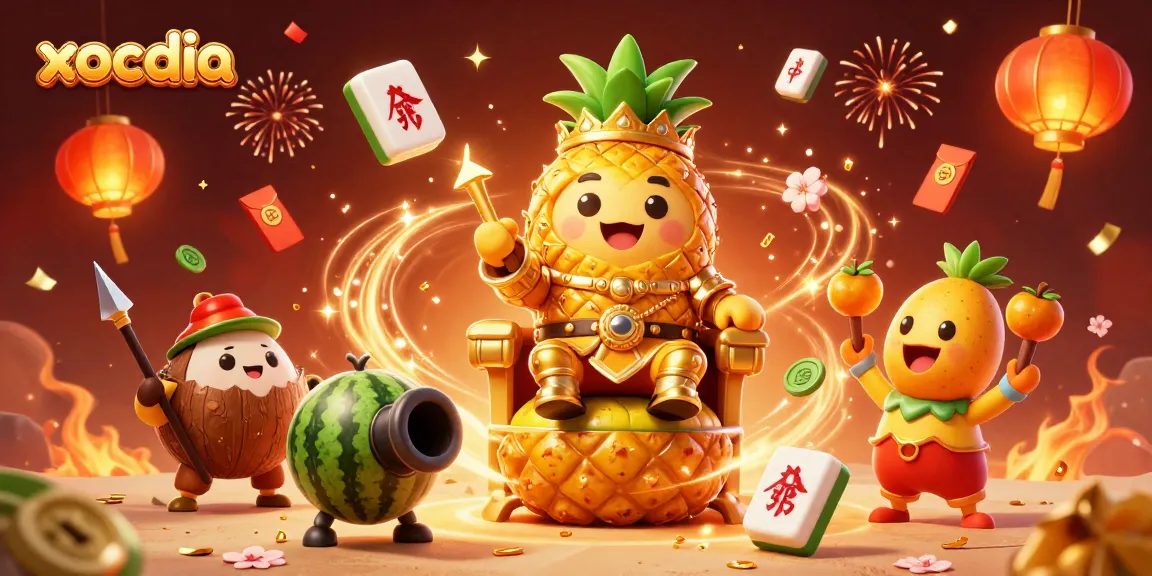 Xocdia captures the excitement of online gambling with a rich, vibrant 3D scene of a golden pineapple king and playful elements.