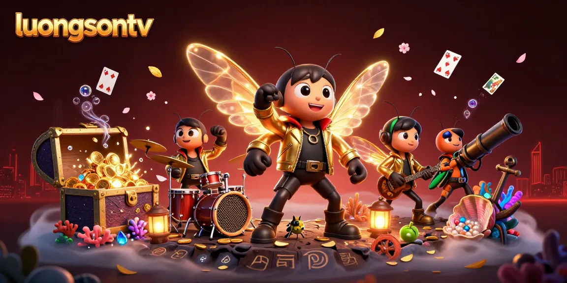 Experience vibrant gambling excitement with luongsontv's detailed 3D illustration showcasing cartoon characters and casino-themed elements.