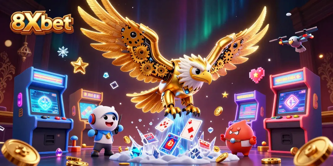 Experience thrilling gameplay with 8Xbet's magical casino theme, featuring a vibrant eagle amidst holographic cards.