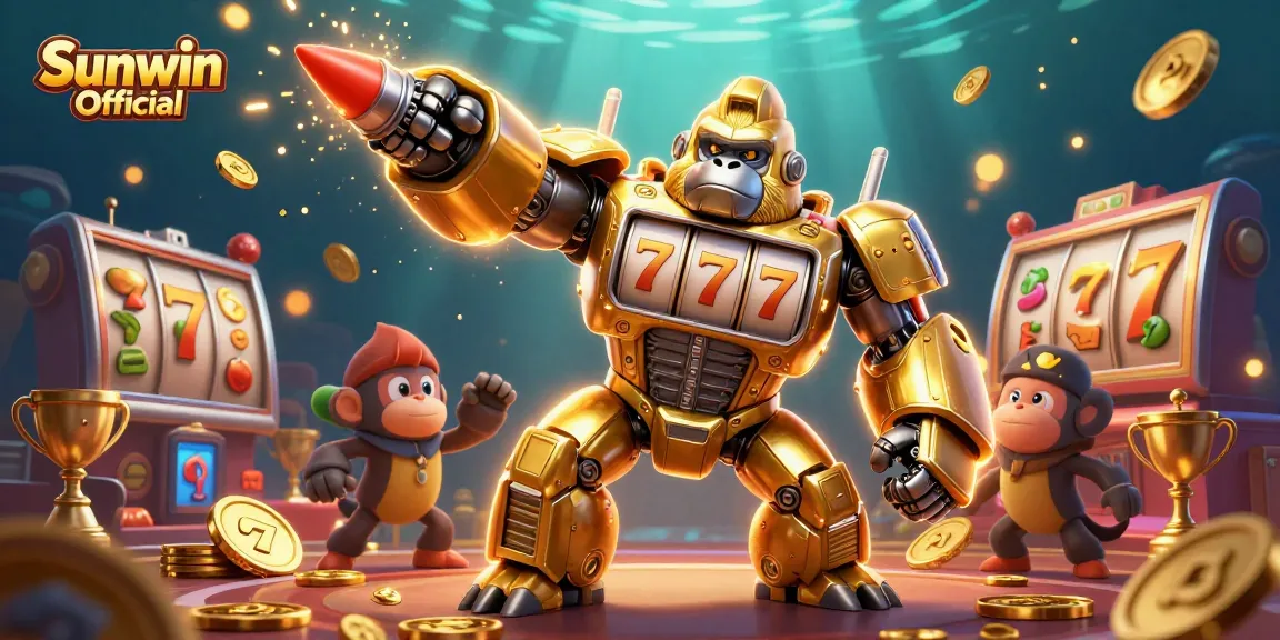 Join the gaming fun with Sunwin Official, featuring a dynamic 3D gorilla mech and slot machine excitement!