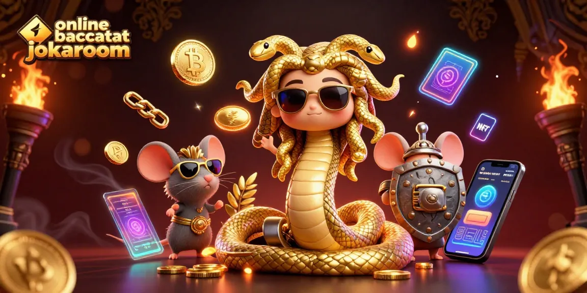 Engage with online baccarat jokaroom in a vibrant, animated 3D casino world filled with crypto elements.