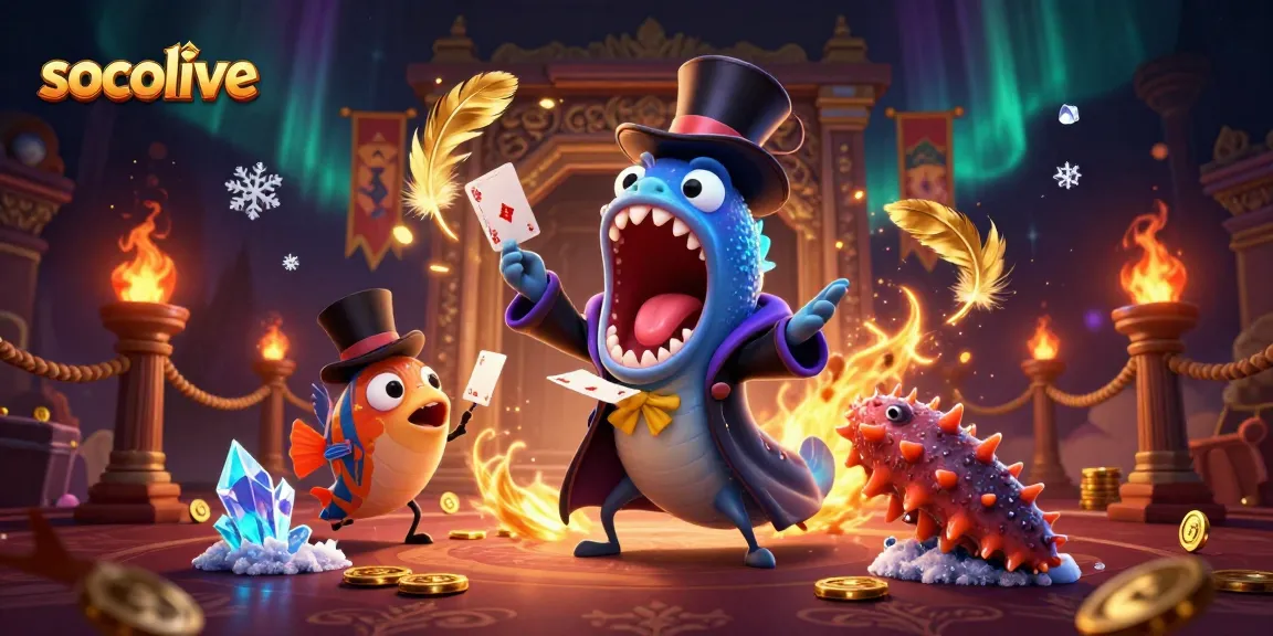 Socolive showcases a magical scene with unique characters in a vibrant casino-themed illustration.
