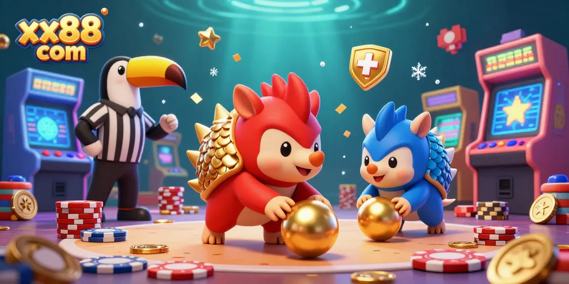Experience the vibrant action at xx88 com with rivals bowling through poker chips in a dazzling casino game scene.