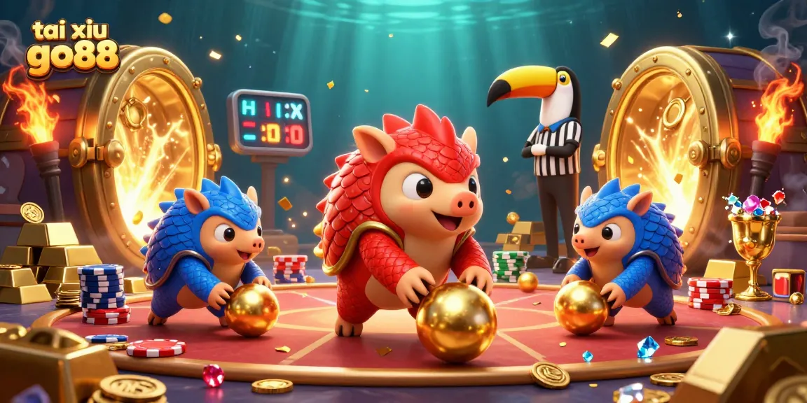 Experience exciting tai xiu go88 gameplay with vibrant pangolins and dazzling casino elements in a dynamic scene.