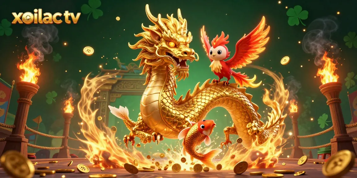 Betters enjoy exciting moments on xoilac tv with golden dragon, phoenix, and koi in a vibrant casino scene.