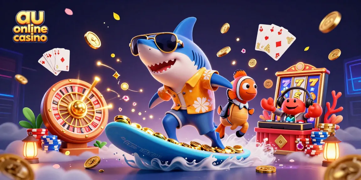 Experience the thrill of au online casino gaming with a vibrant 3D scene featuring a shark and friends!