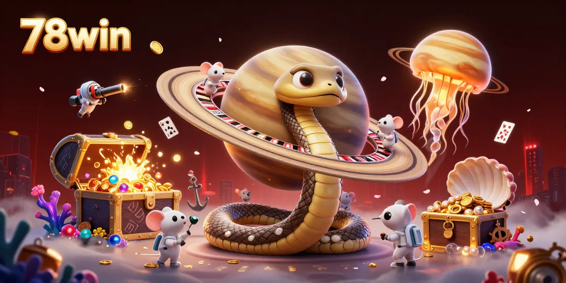 Experience thrilling bets at 78win with cartoon characters and vibrant casino elements in a cosmic setting.