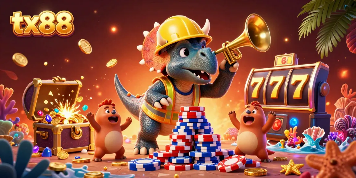 tx88 showcases a playful triceratops building poker chip pyramid amidst carnival elements celebrating casino fun.