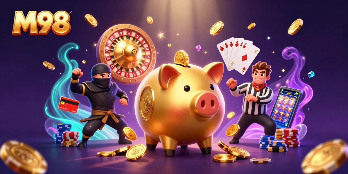 M98 players enjoying the thrill of winning as golden coins and gems cascade in a vibrant casino scene.