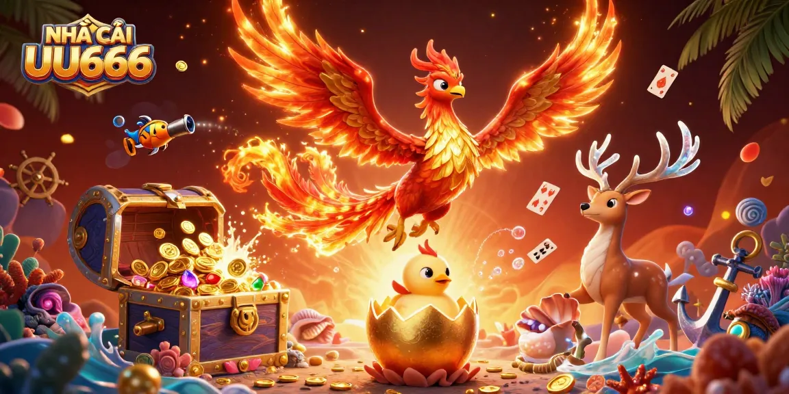 Experience exciting gaming at NHÀ CÁI UU666 with a vibrant phoenix and treasure-filled scene.