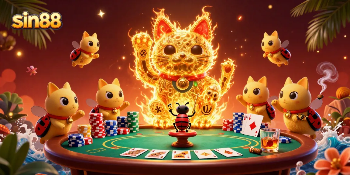 Experience the thrill of sin88 with golden fireflies forming a lucky cat amidst colorful poker elements.