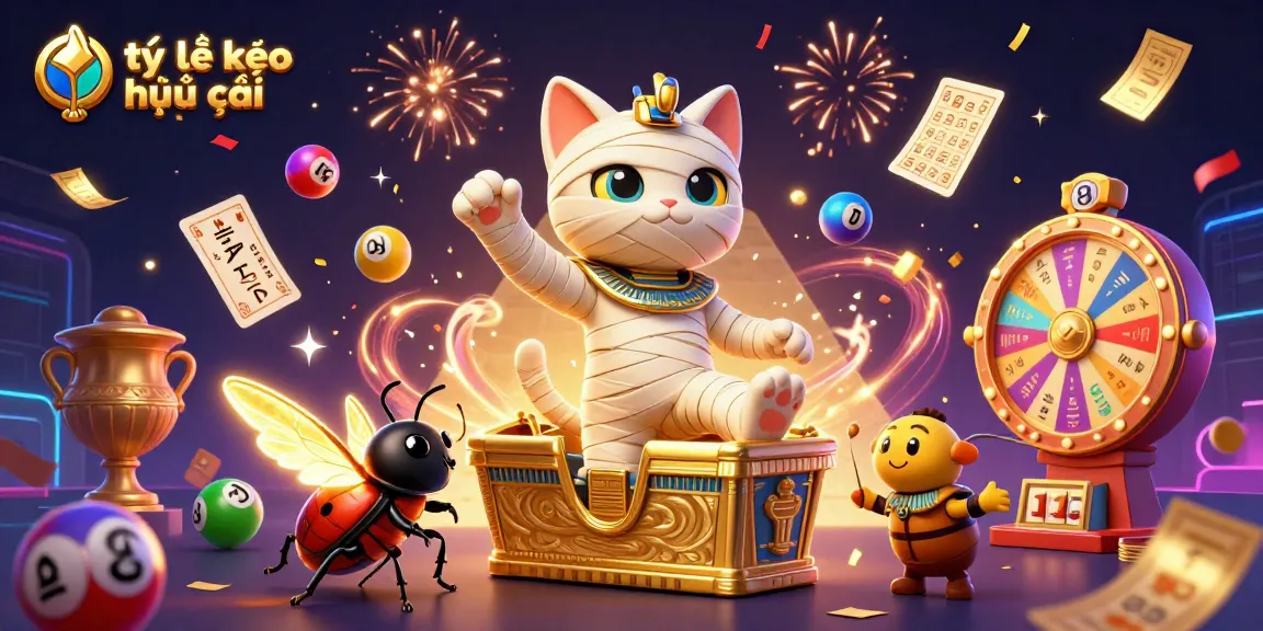 The vibrant scene showcasing tỷ lệ kèo nhà cái comes alive with an Egyptian mummy cat and golden sarcophagus in a casino atmosphere filled with colorful lottery balls and a dynamic prize wheel, creating an engaging gambling experience.