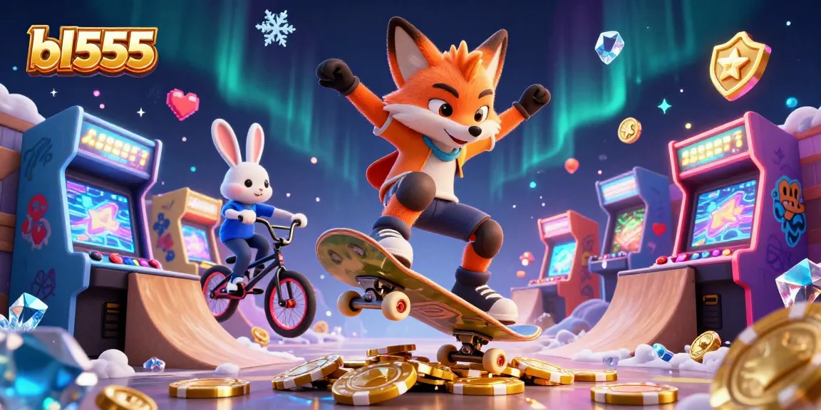 Experience bl555’s vibrant gambling atmosphere as a skateboarder fox and BMX rabbit celebrate casino fun.