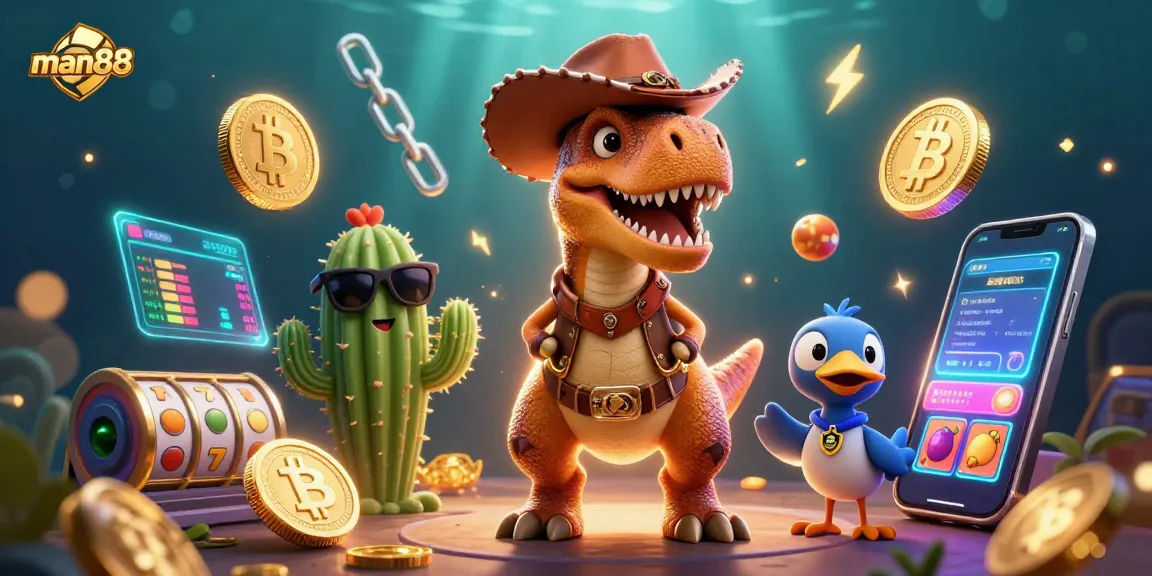 Engage with the thrilling action of man88 casino featuring a T-Rex and vibrant game elements.