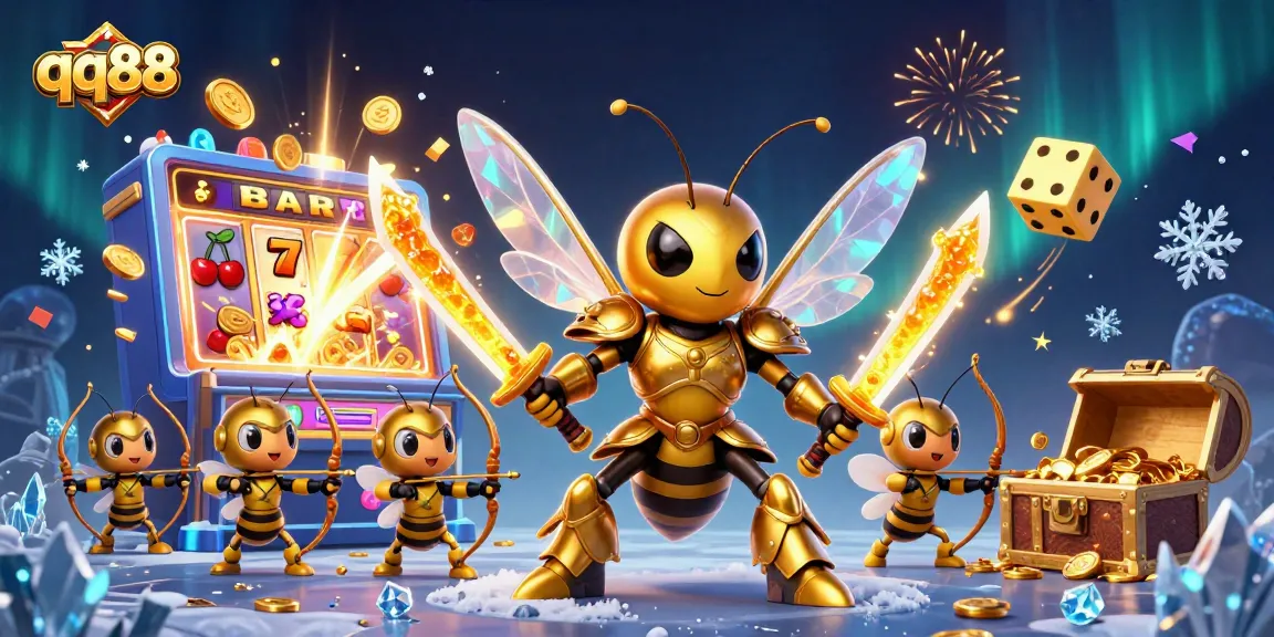 Experience thrilling jackpots at qq88 with a vibrant scene of a golden hornet amid slot machine riches.
