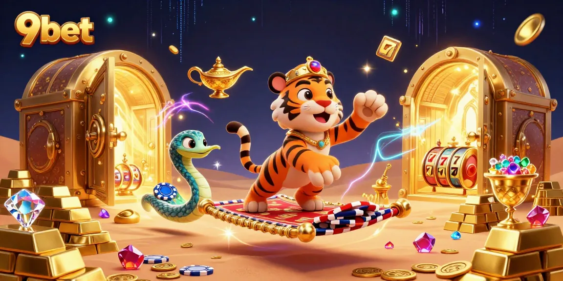 Experience the thrill of 9bet with a vibrant scene of a tiger sultan and treasures in 3D