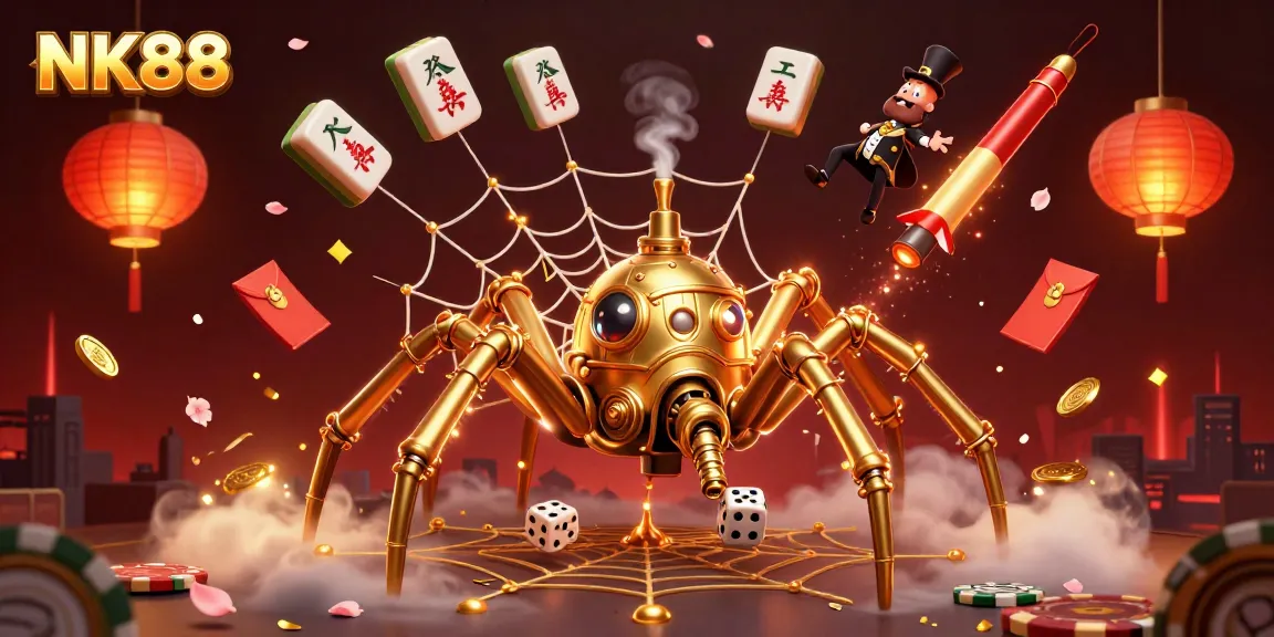 NK88 showcases a dynamic golden spider catching dice in a web of chance amidst festive casino elements.