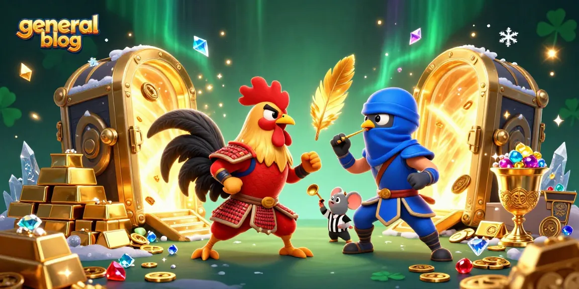 Engage with the vibrant scene of a general blog showcasing cartoon roosters in a gambling showdown amidst treasures.