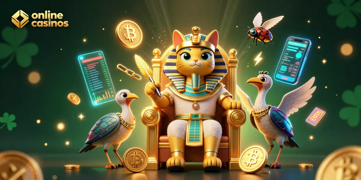 Play exciting online casinos with a cartoon pharaoh cat and crypto symbols in a vibrant 3D scene.