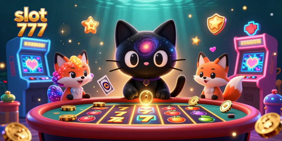 Experience thrilling gameplay with slot 777 as a black hole cat and nebula fox engage with colorful casino elements.
