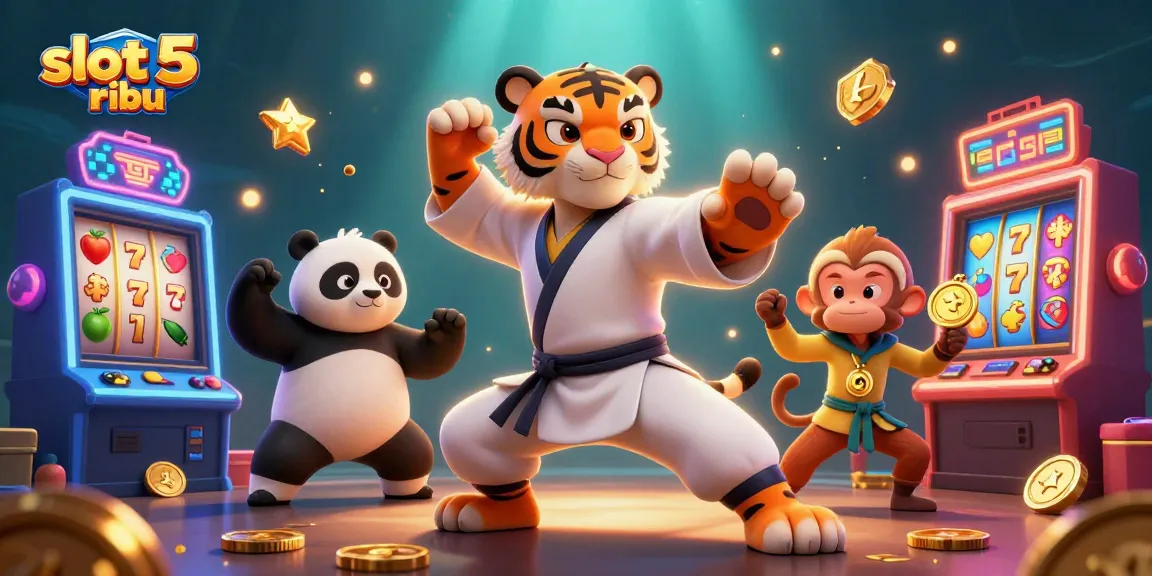 Experience the thrill of slot 5 ribu with a dynamic illustration of characters and casino elements, embracing action and fun.